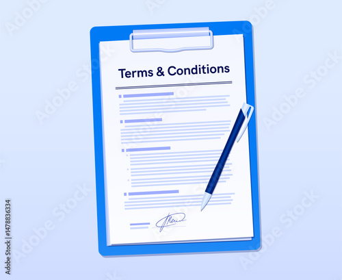 Terms and conditions agreement document. Vector signed paper on clipboard with pen. Legal contract, business deal, professional agreements or authorization, commitment and administrative processes