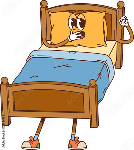 Cartoon groovy sleepy retro bed furniture and interior character with expressive pillow face and sneakers. Vector funky personage wrapped in a cozy blanket with nostalgic vintage y2k bedroom vibe