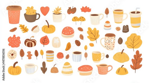 Autumn Themed Illustrations with Cozy Drinks and Colorful Leaves