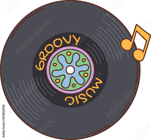 Cartoon groovy vinyl record with label and musical note. Vector retro disc, classic audio device symbolizing nostalgic music vibes, analog sound, funky energy, and vintage rhythm for y2k disco parties