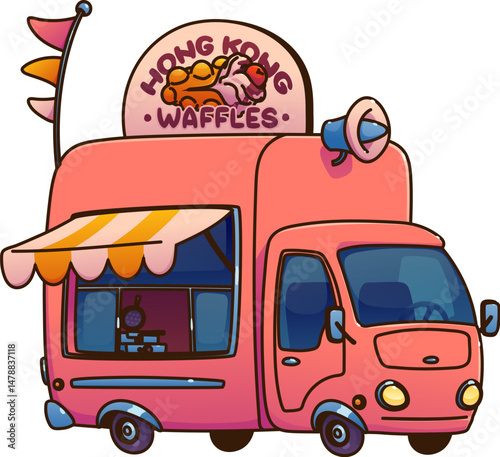 Hong Kong waffles food truck car, festival street foodtruck van. Cartoon vector retro mobile kitchen with canopy, open service window, dessert snack for outdoor vending at fair, market and food event