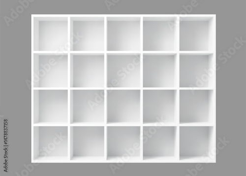 White empty bookshelf. Realistic 3d vector mockup of modern cabinet with shelves Home or office interior furniture. Shop, gallery showcase. retail storage space with five rows of square compartments