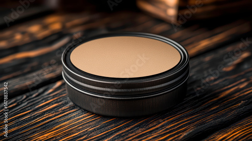 Artisanal Spice Tin With Kraft Label On Rustic Wooden Surface