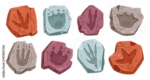 Dinosaur archaeology fossil footprints. Isolated vector set of ancient dino animal paw prints, reptile foot trail impression in stone pieces. Cartoon Jurassic era archaeological and paleontology finds