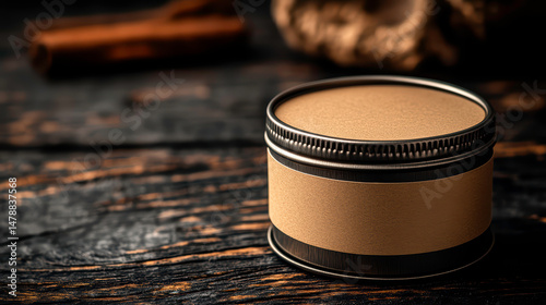 Artisanal Spice Tin With Kraft Label On Rustic Wooden Surface