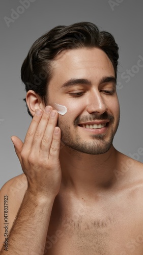 Close-up Portrait of a Man Applying Skincare with Soft Lighting and Subtle Smile