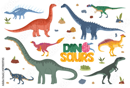Cute prehistoric dinosaur cartoon characters and baby dino personage in egg with jurassic volcanic rocks and jungle forest plants. Vector funny kentrosaurus, hypselosaurus and datousaurus dinosaurs