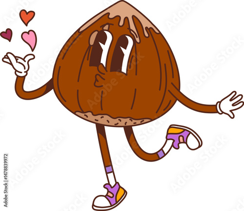 Cartoon groovy hazelnut nut character in retro sneakers joyfully sending an air kiss with hearts floating, showcasing love with a touch of funky and upbeat y2k vibe, spreading happiness and hippie fun