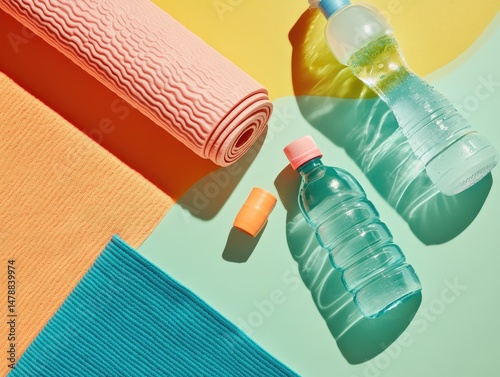 Colorful yoga mat and water bottles for a vibrant workout session.