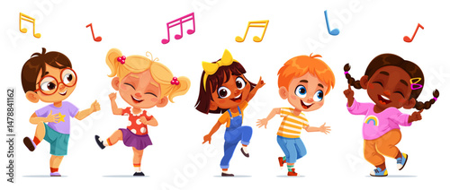 Kids dancing and jumping at party. Group of happy cartoon children having fun and enjoying music together. Vector scene with boys and girls in laughing, moving and celebrating with music notes around