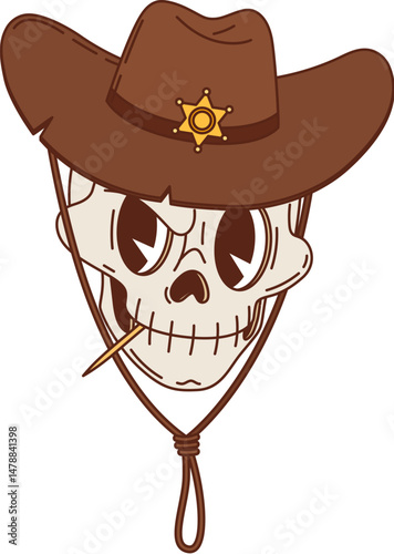 Cartoon groovy wild west cowboy skull, western character wearing a brown hat adorned with a sheriff badge. Isolated vector y2k human cranium with hollow angry eyes and holds a toothpick in its mouth