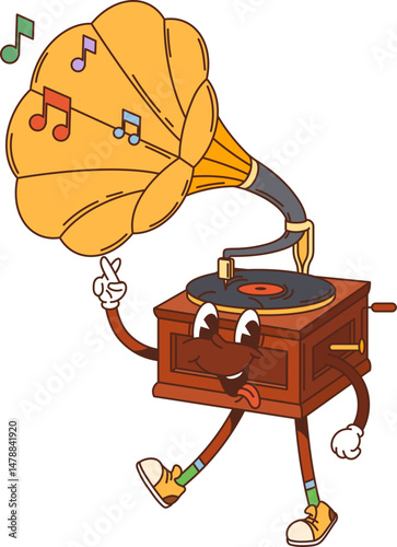 Cartoon groovy gramophone musical instrument character with smiling face and colorful music notes. Isolated vector retro device evokes a sense of nostalgia and fun, reflecting vintage music culture