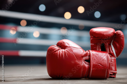 Boxing gloves on boxing ring photo