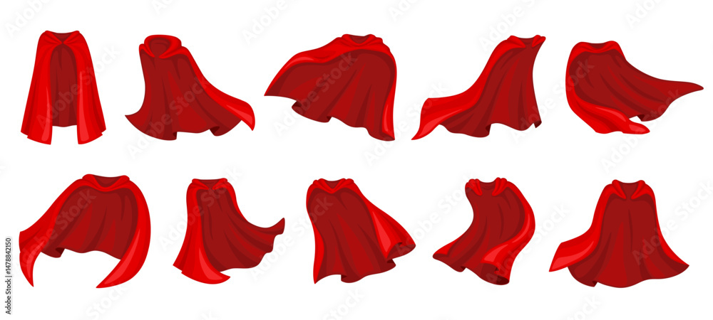 Fototapeta premium Red superhero cape and hero coat or magic carnival cloak mantle, cartoon vector set. Super hero mantle costume or cloak robe with flying back cloth for superhero carnival costume or vampire cape