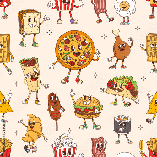 Groovy fast food characters seamless pattern. Vector tile background featuring funny nostalgic pizza, burger, taco, sushi, and croissant, corn dog, bacon, French fries, sandwich or chicken drumstick