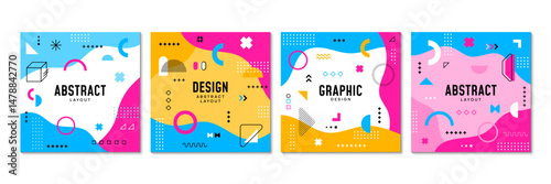 Memphis square covers or posters with abstract geometric shapes. Vector retro modern background templates, feature vibrant colors, dynamic shapes and bold patterns, exude a playful hipster vibe of 80s