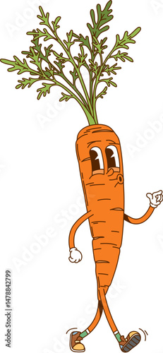 Cartoon groovy carrot character with funny face, vector comic vegetable personage. Groovy carrot with happy smile and whistling melody walking in hipster shoes for cute veggie character or emoji