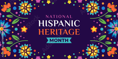 Hispanic heritage month. Vector web banner, poster, card for social media, networks. Greeting with national Hispanic heritage month text, ornament on blue background.