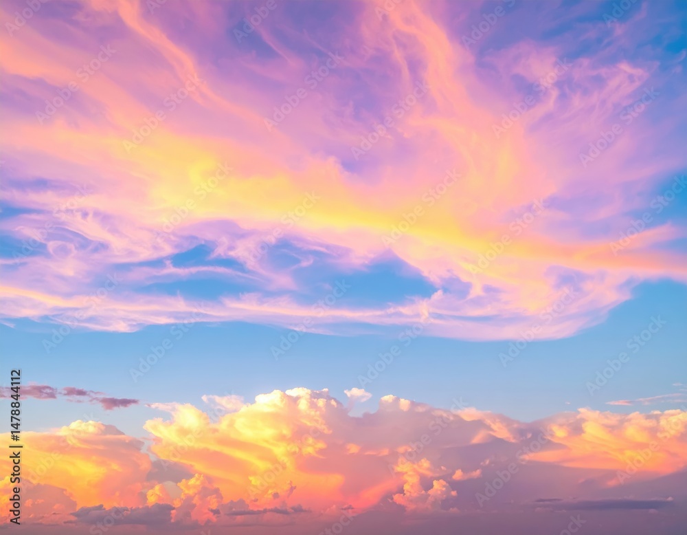 Obraz premium A vibrant blue sky stretches overhead, dotted with fluffy white clouds, creating a serene backdrop that evokes a sense of peace and tranquility.