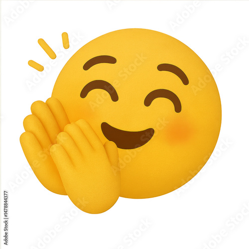 Emoji Applause: A digital emoji of a joyful face clapping its hands, rendered in a bright, expressive style that exudes positivity, appreciation, and excitement.