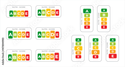 Nutrition score labels for food and drink. Designed for packaging or educational purposes. Vector illustration isolated on transparent background.