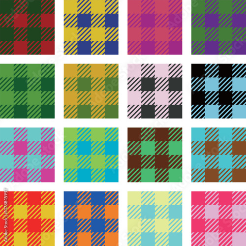 A set of swatchable, color variation backgrounds with a colorful shepherd's check pattern / カラフルなシェパードチェックの背景素材セット スウォッチ対応 カラーバリエーション