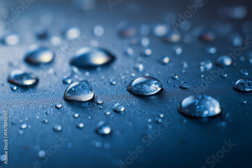 Crystal clear water droplets creating a textured pattern on a waterproof surface, reflecting light and showcasing surface tension