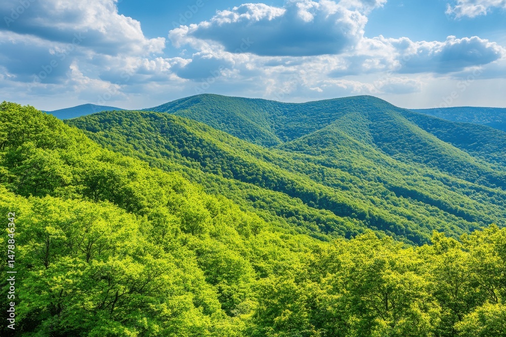 Fototapeta premium Lush Green Mountain Range Landscape View from Above on Sunny Day with Blue Sky and Clouds in Summer