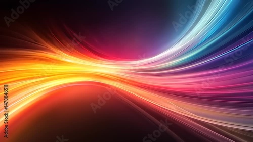 Vibrant, flowing lines of light in orange, red, pink, purple, and blue create an abstract, energetic design