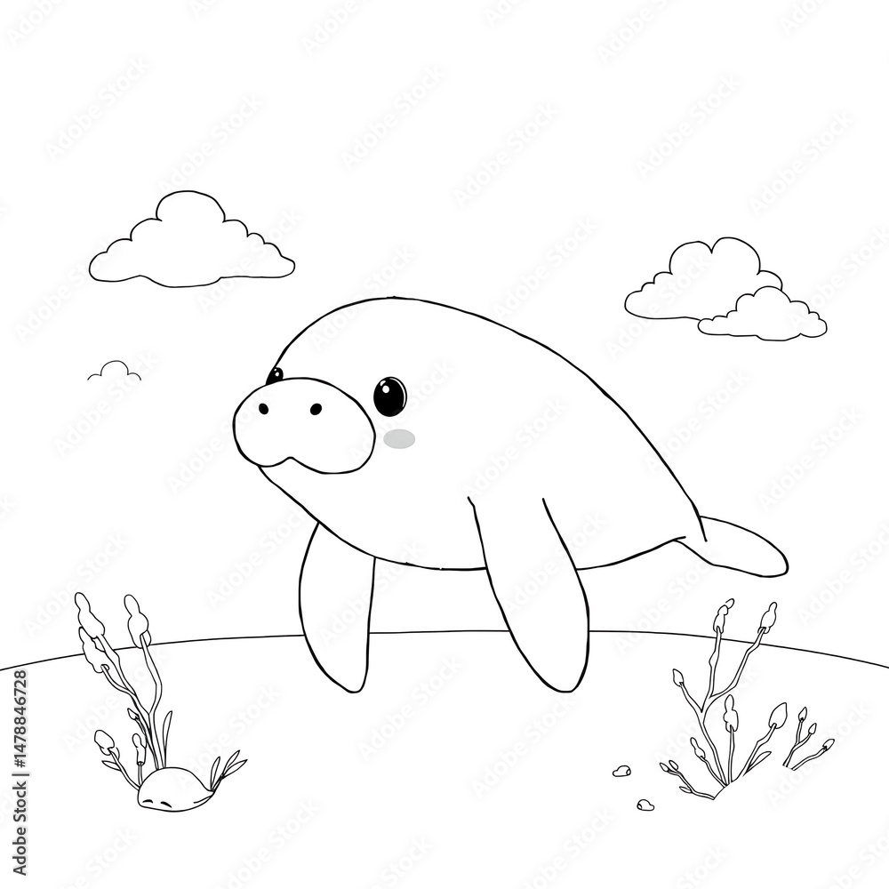 Fototapeta premium Cute Young Manatee in Minimalist Black and White Line Drawing for Coloring Book Presents High Contrast White Sky White Clouds and White Clothing