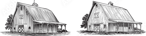 This grayscale pencil sketch showcases two charming barn designs.