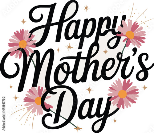 Festive Mother's Day graphic design with stylized flowers.