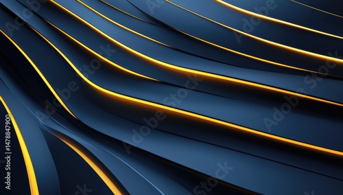 Abstract dark navy blue background with glowing gold lines.  Dynamic wavy planes create a futuristic design