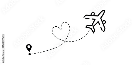 Airplane with dotted route trace icon. air route with heart icon. travel symbol. honeymoon journey icon. romantic love trip sign. . flight track heart shape png and vector illustration on transparent 