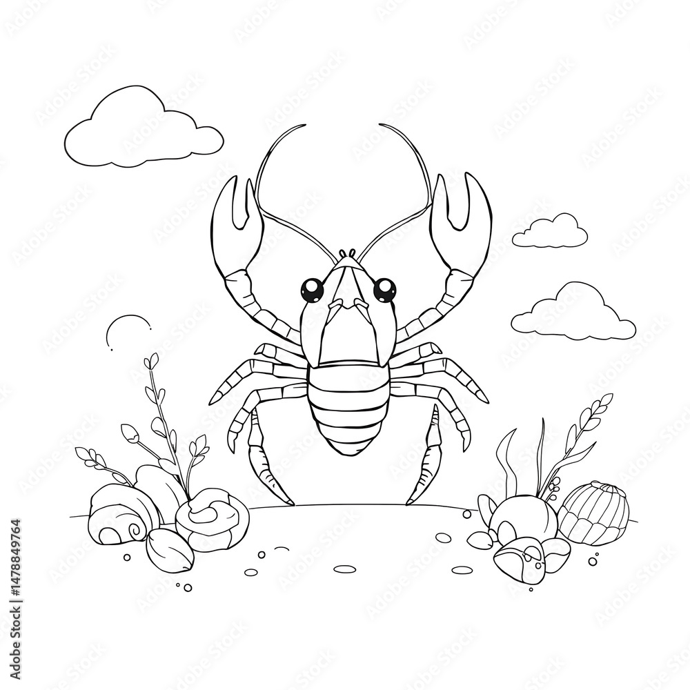Fototapeta premium Cute Young Lobster Line Drawing Coloring Page Minimalist Black and White Flat Illustration White Sky Clouds Terrain