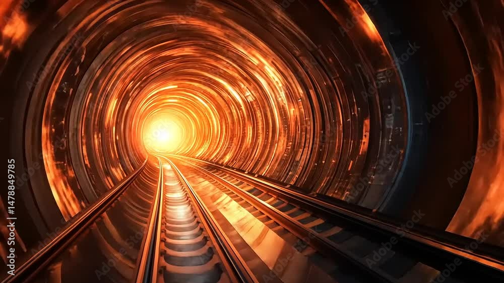Glowing Tunnel An abstract tunnel with rails converging into a bright light, with orange lighting the dark metal