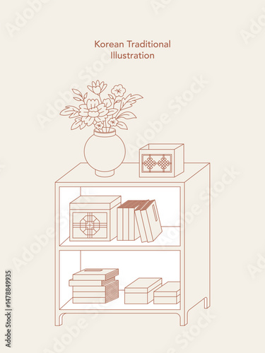 책장과 화병으로 꾸민 한국 전통 민화 스타일 일러스트 - Korean Folk Art Style Illustration Featuring Bookshelf and Vase