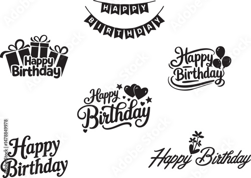Black and white happy birthday themed graphic design elements Collection