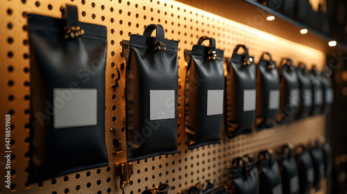 Premium Coffee Packaging Display On Modern Pegboard Wall