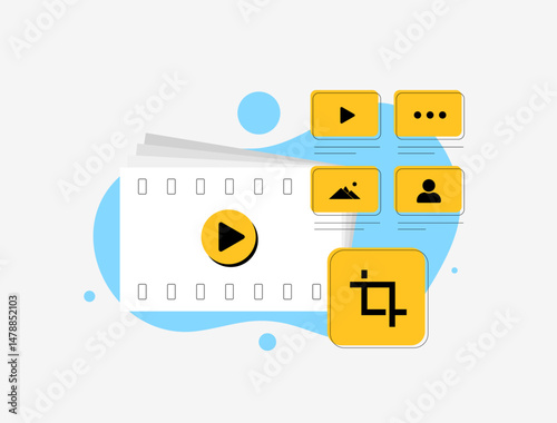 Micro video storytelling for social media - vector illustration of video editing interface with trim and play icons. Short-form content creation and mobile-first video marketing strategies