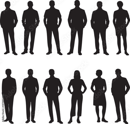 A collection of black silhouettes of business professionals, both male and female, in formal business attire, standing confidently.