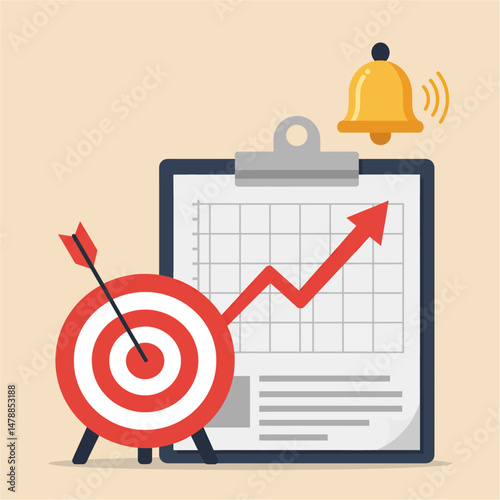 Flat vector illustration representing business goals, progress tracking with a chart and target, and notifications via a bell. Project success and achievement icon
