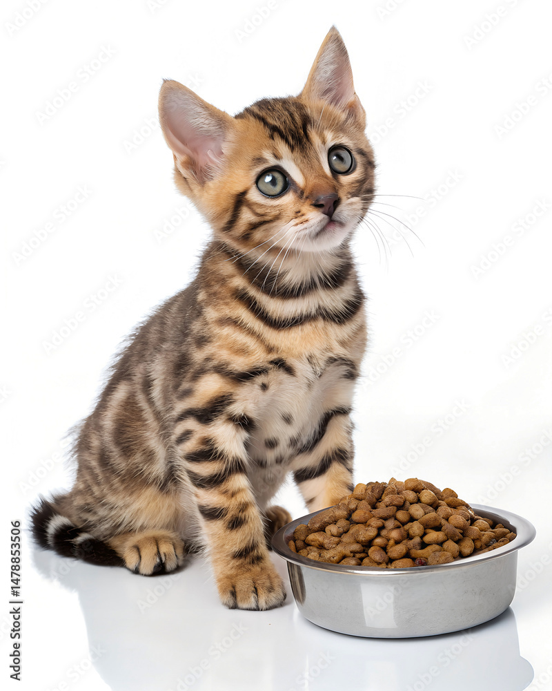Fototapeta premium bengal kitten sitting next to metal food bowl with dry cat food isolated on white background