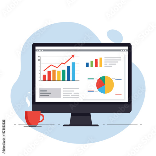Flat style vector illustration of a computer monitor displaying business data charts and graphs. Data analysis, financial report, and business intelligence concept icon