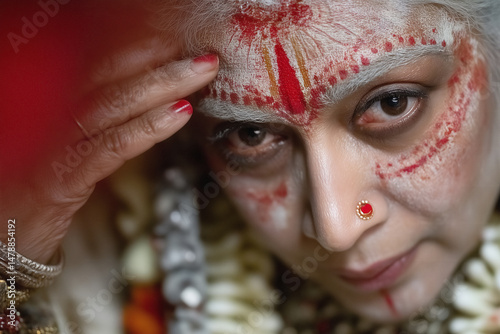 Close-up of a woman adorned with ritual red and white face paint, jewelry, and spiritual markings in a sacred cultural setting.