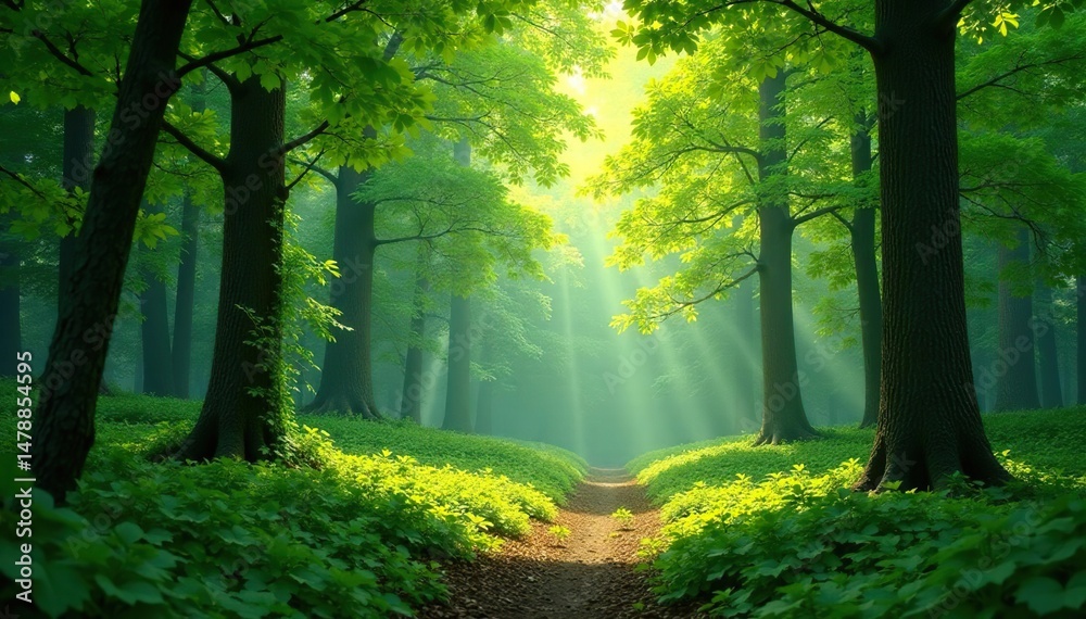 Obraz premium Serene forest background, lush green canopy, dappled sunlight, tranquil nature scene , mystery, spring, lush