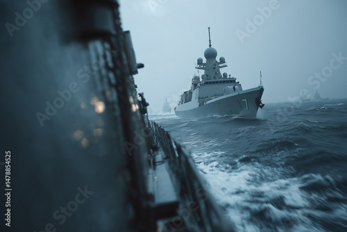 Naval warships cruise through rough ocean waves under cloudy skies, forming a strategic fleet movement in hostile waters.