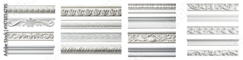 Ornate and elegant crown moldings in a variety of intricate styles, ideal for interior design projects, showcasing classic craftsmanship and artistic design elements in light colors.