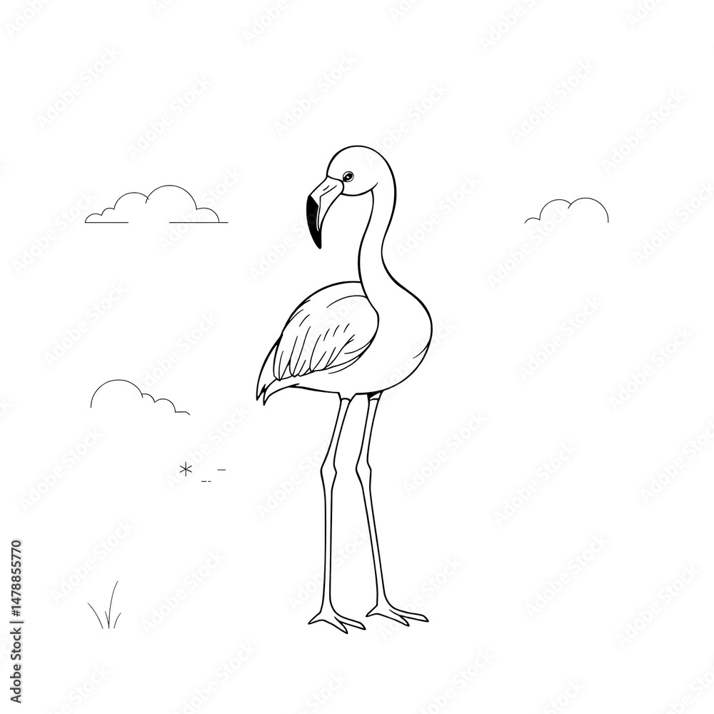Obraz premium Cute Young Flamingo Line Drawing Coloring Book Style Minimalist Black and White High Contrast Artwork