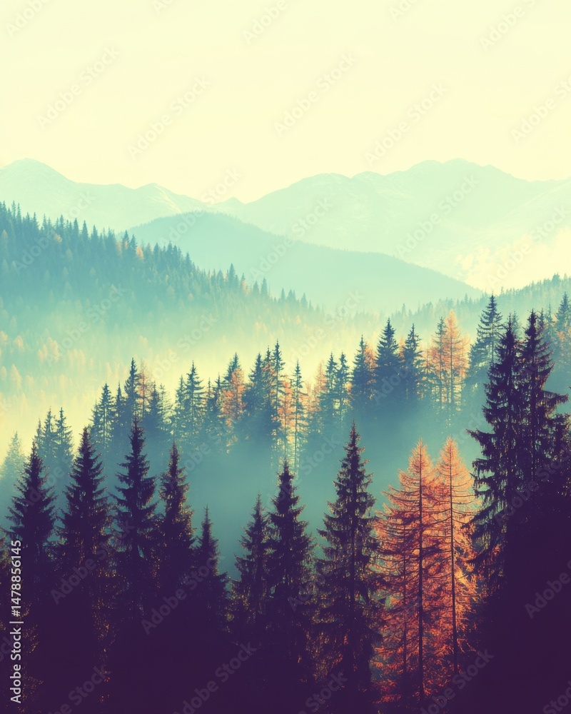 Obraz premium Breathtaking view of mountain range with pine forest and fog in the valley at sunrise from above in vintage style